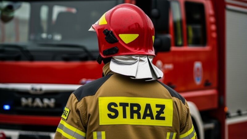 Pożar na działkach w Będzinie: strażacy walczą z ogniem w mroźnych warunkach